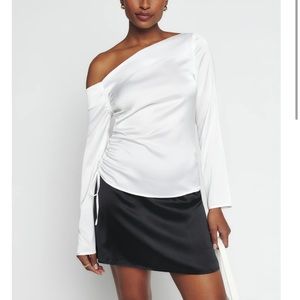 Reformation White One-Shoulder Ruched Satin Top